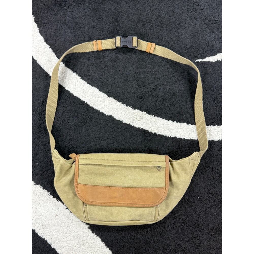 LL Bean Bag Fanny Pack Tan Canvas Traveler Belt Leather Pockets Adjustable